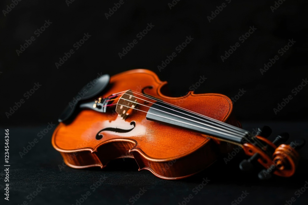 Fototapeta premium A Polished Violin Rests On Dark Surface