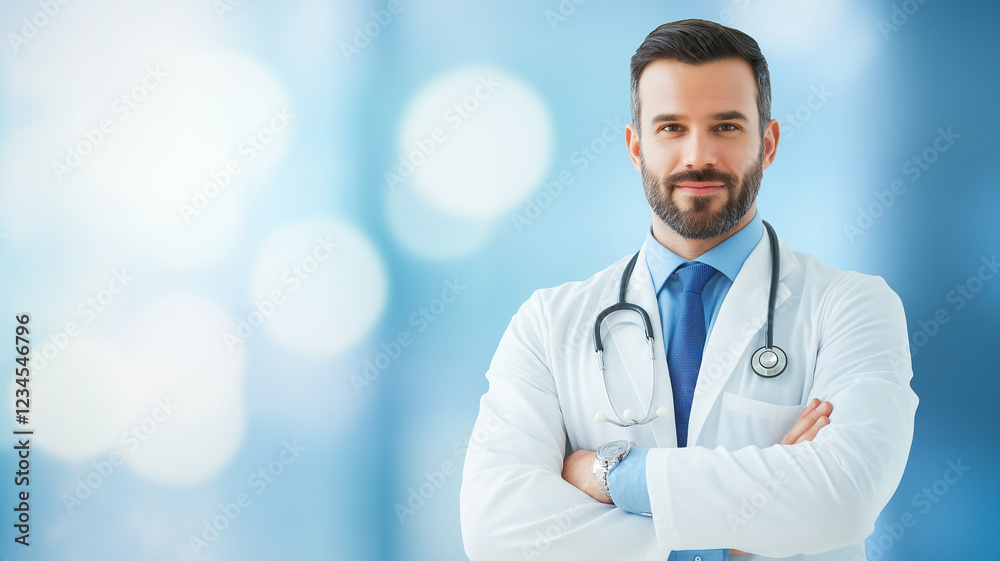 confident doctor in white coat stands with arms crossed, showcasing professionalism and expertise in bright, blurred background confident doctor in white coat stands with arms crossed, showcasing professionalism and expertise in bright, blurred background