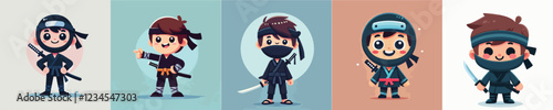 vector set of small children wearing ninja costumes