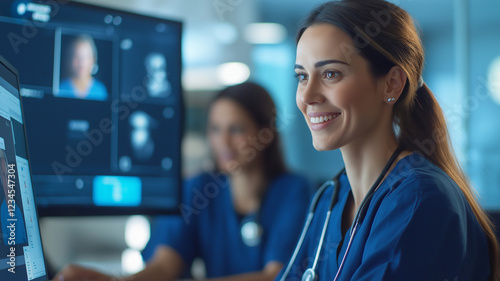 healthcare professional smiling while using virtual collaboration tools on computer. environment is modern and focused on teamwork in medical setting