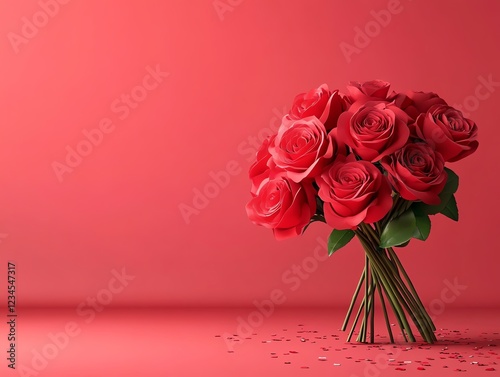 Bouquet of roses with heartshaped confetti, festive celebration, 3D illustration photo