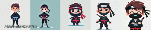 vector set of small children wearing ninja costumes