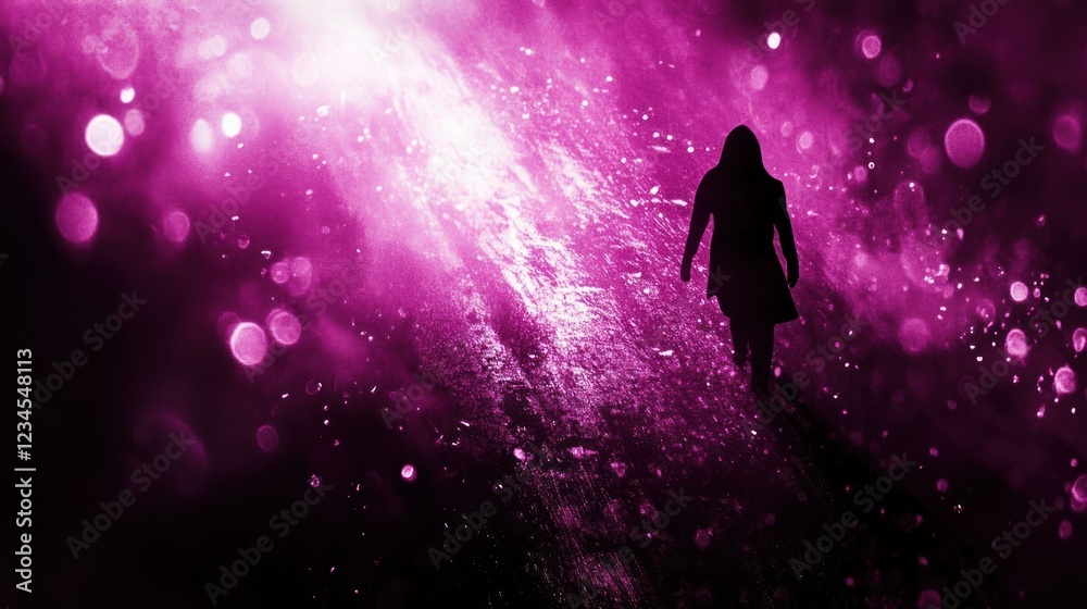 Woman walks alone, night street, pink light, rain, mystery Woman walks alone, night street, pink light, rain, mystery