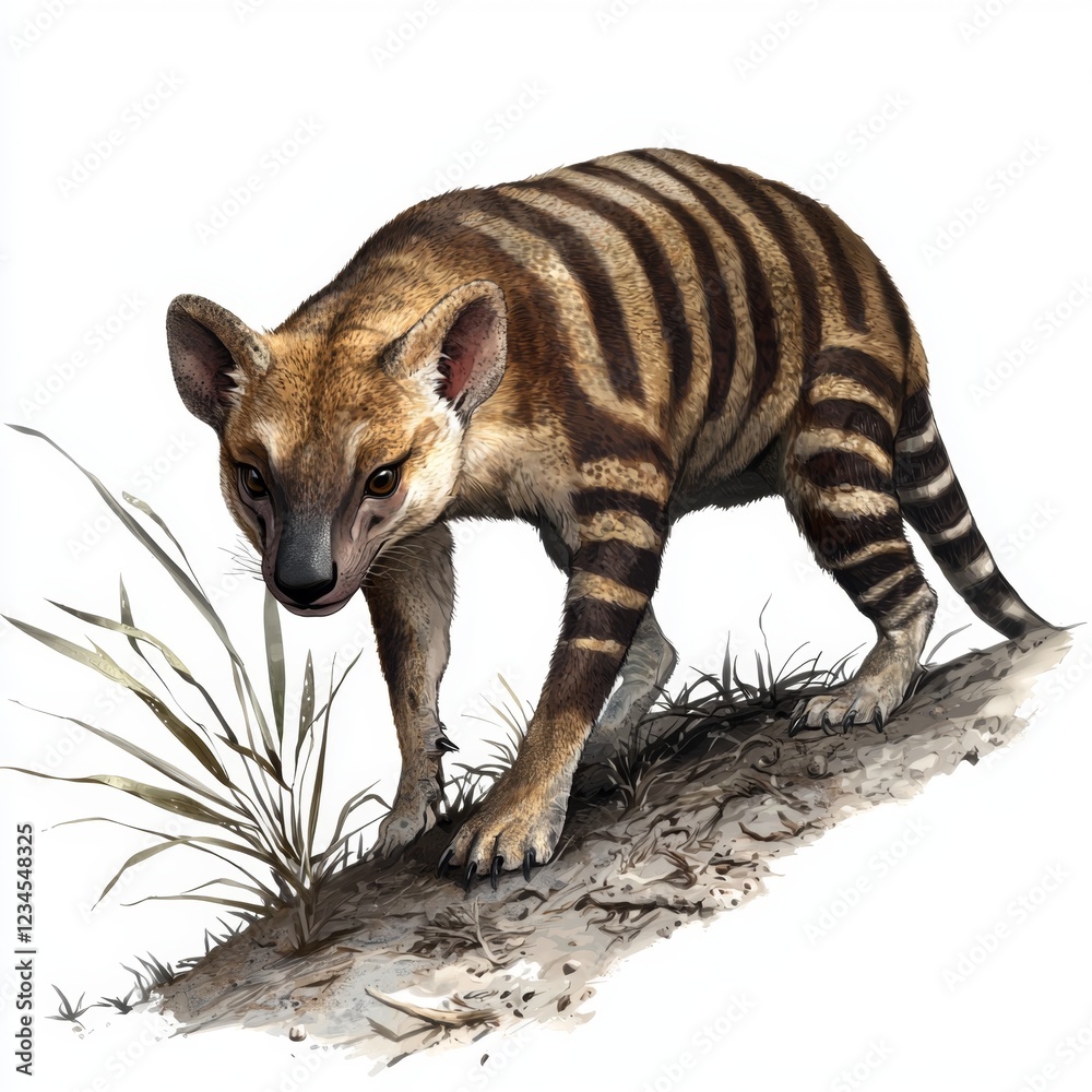 Obraz premium Artistic Representation of a Striped Animal Walking Through Grassland Environment