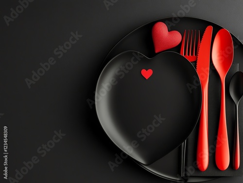 Elegant heartshaped cutlery set on a Valentine s dining table, 3D illustration photo