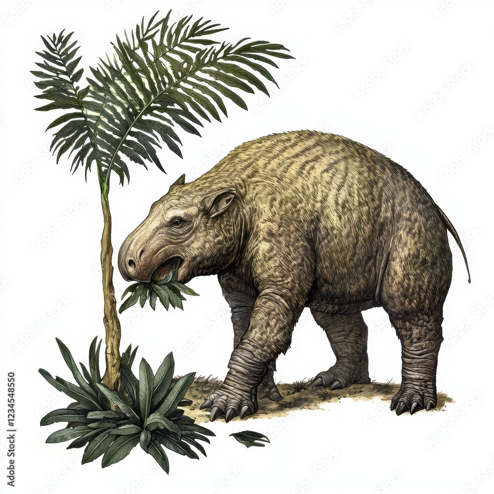 Fototapeta premium Illustration of a prehistoric creature resembling a giant herbivorous mammal near tropical vegetation