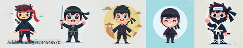 vector set of small children wearing ninja costumes
