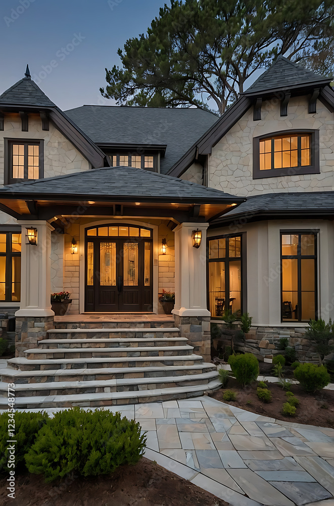 Obraz premium Luxury Stone House Exterior at Dusk: Stunning Residential Architecture and Landscaping