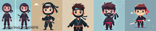 vector set of small children wearing ninja costumes