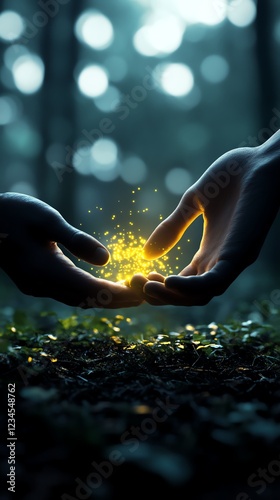 Enchanted forest, glowing magical light around a couple s hands, fantasy romance, 3D illustration photo