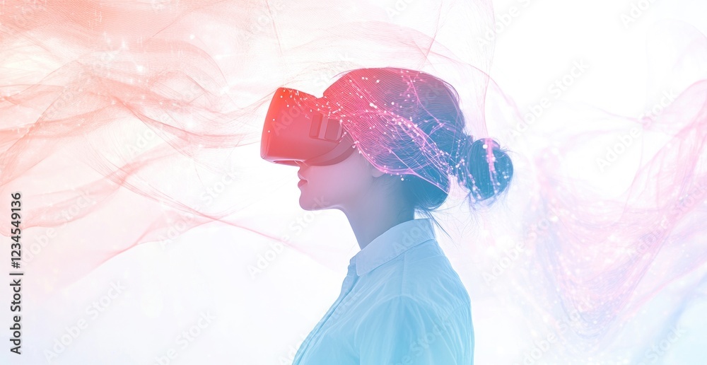 Woman in VR headset, profile view, ethereal background. Woman in VR headset, profile view, ethereal background.