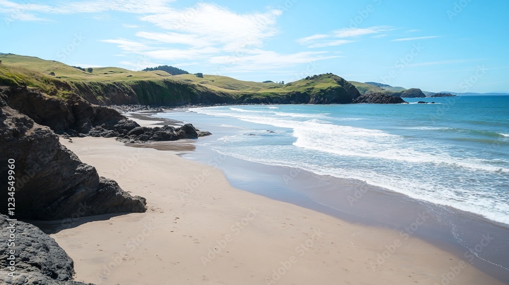 Scenic coastal view featuring a sandy beach, rocky cliffs, and ocean waves under a blue sky Scenic coastal view featuring a sandy beach, rocky cliffs, and ocean waves under a blue sky