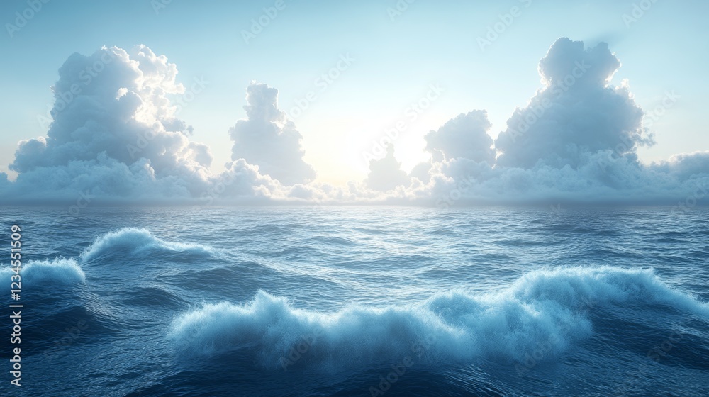 Fototapeta premium Serene ocean waves under a bright, cloudy sky at sunrise or sunset.