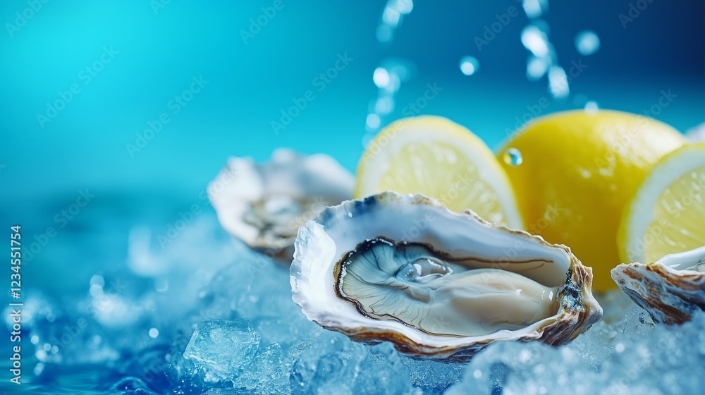 Fresh oysters on ice with lemon wedges Fresh oysters on ice with lemon wedges