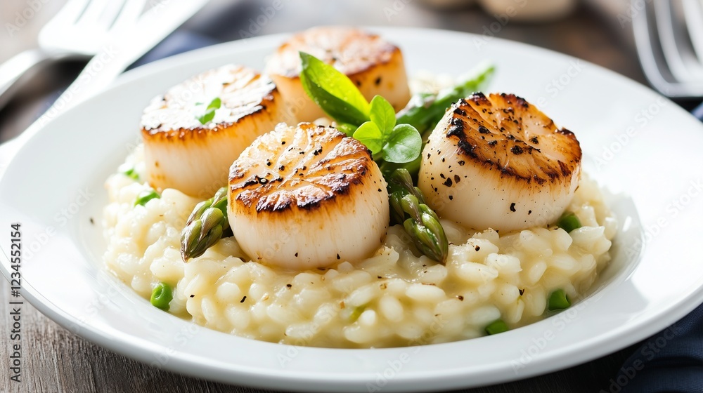 A seafood risotto with scallops and asparagus tips A seafood risotto with scallops and asparagus tips