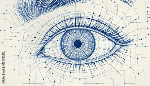 A detailed wireframe blueprint design of the human eye.