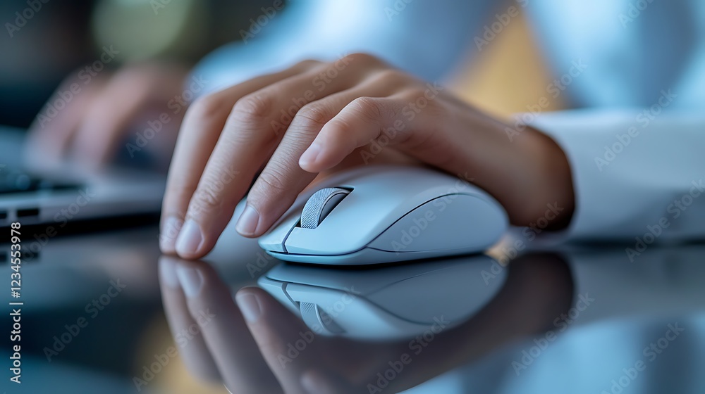 Close-Up of Hand Using White Computer Mouse Close-Up of Hand Using White Computer Mouse