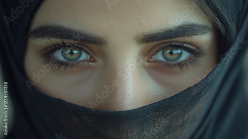 Close-up woman in hijab, expressive eyes, outdoor setting photo