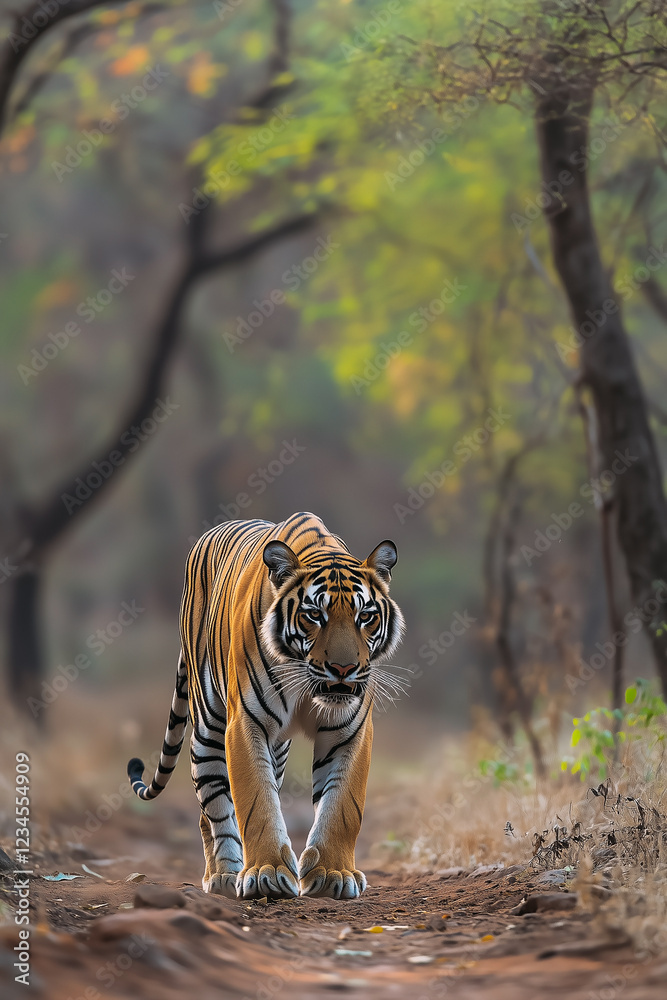 Tiger strolling on dirt track in nature reserve.