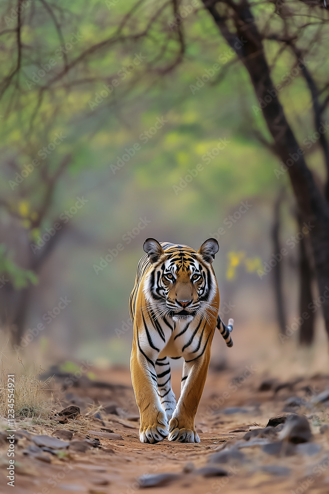 Tiger strolling on dirt track in nature reserve.