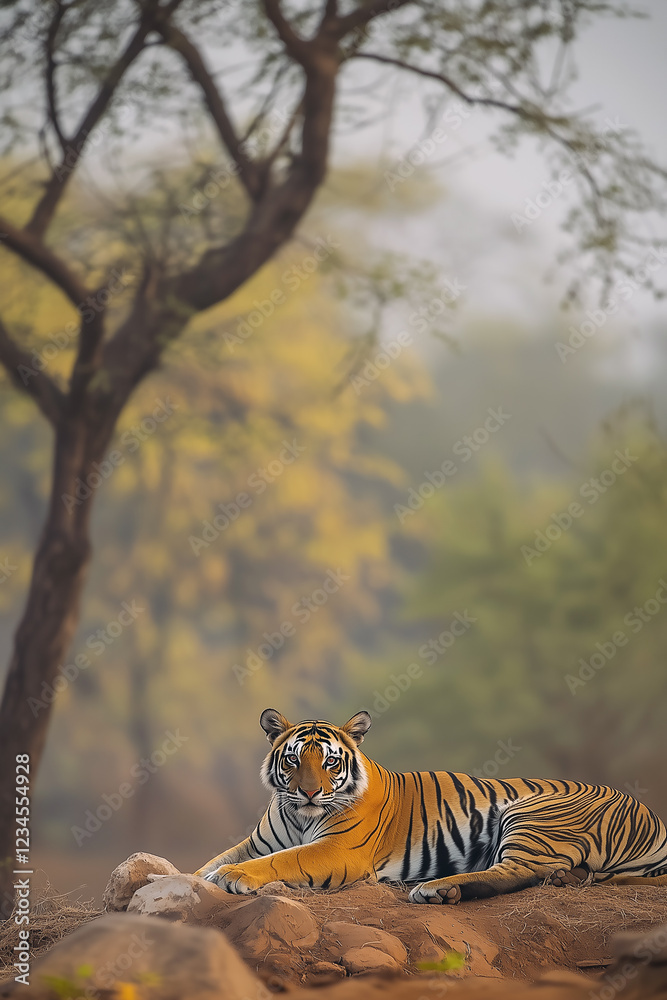 Lazy tiger lying down on sandy ground in nature reserve.