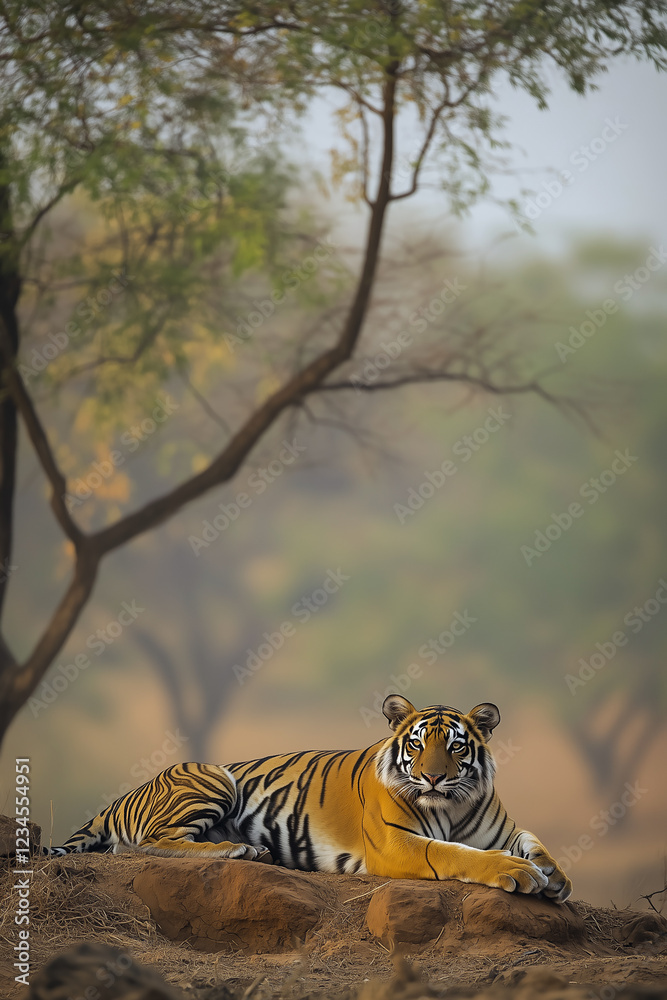 Lazy tiger lying down on sandy ground in nature reserve.