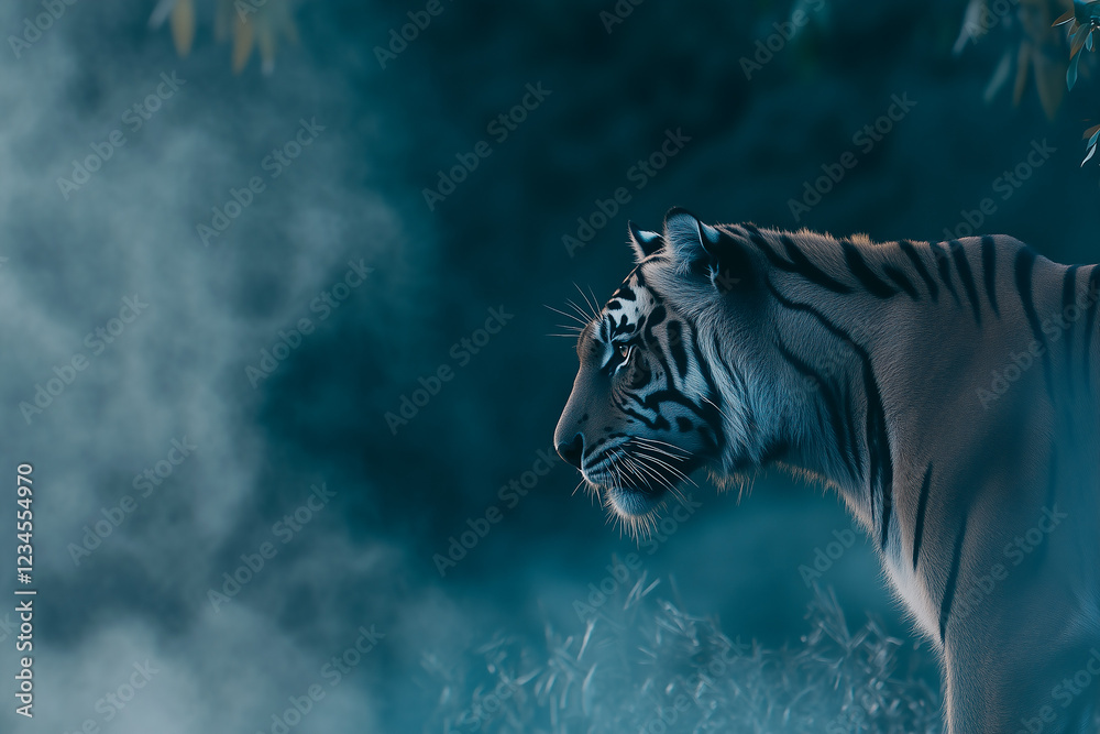 Close-up portrait of tiger in misty jungle environment.