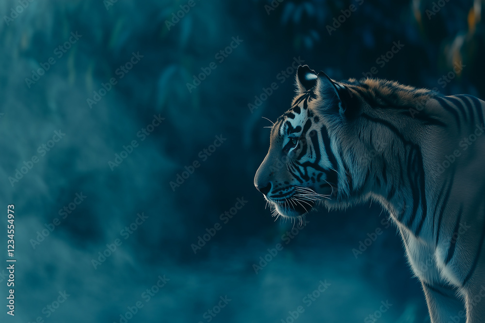 Close-up portrait of tiger in misty jungle environment.