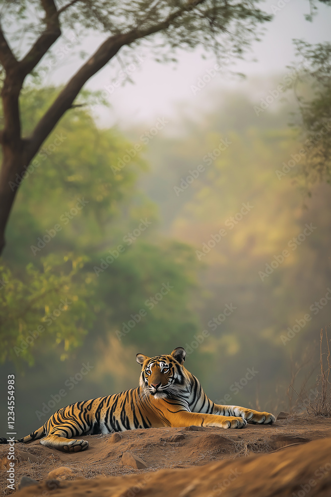Lazy tiger lying down on sandy ground in nature reserve.