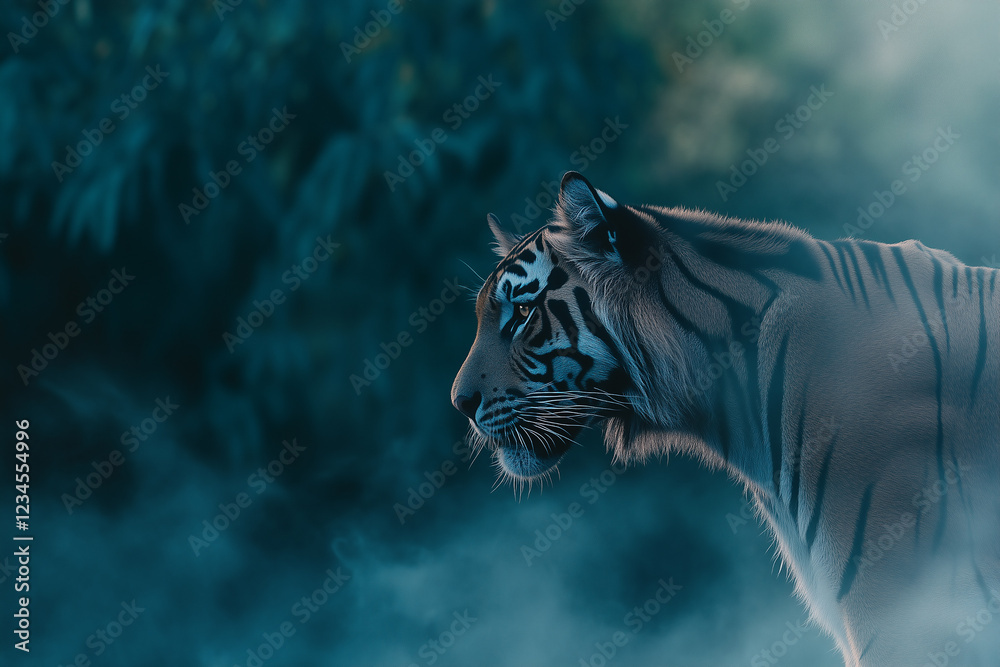 Close-up portrait of tiger in misty jungle environment.