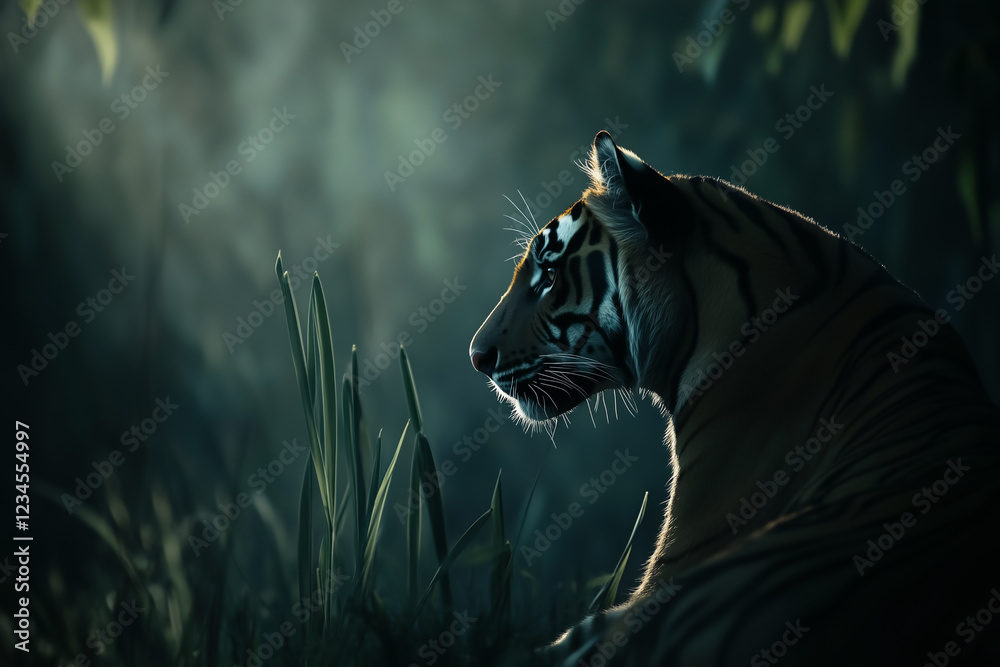 Close-up portrait of tiger in misty jungle environment.