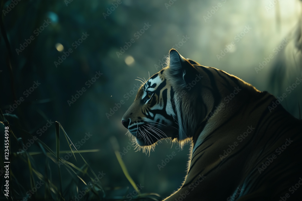 Close-up portrait of tiger in misty jungle environment.