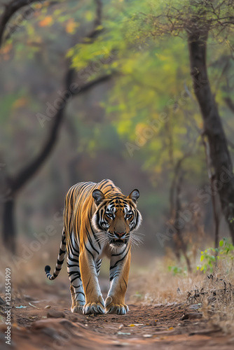 Obraz na płótnie Tiger strolling on dirt track in nature reserve. w salonie
