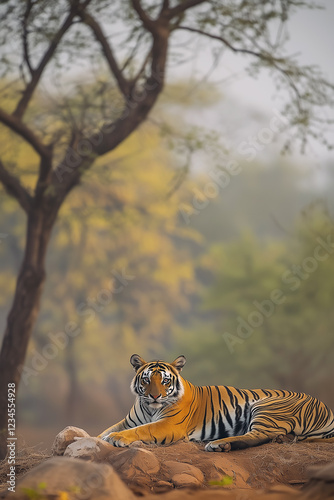 Lazy tiger lying down on sandy ground in nature reserve.