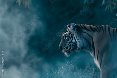 Close-up portrait of tiger in misty jungle environment.