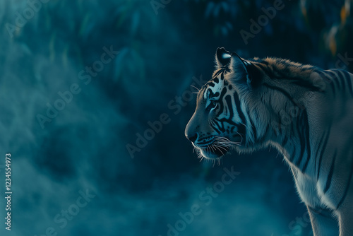 Obraz na płótnie Close-up portrait of tiger in misty jungle environment. w salonie