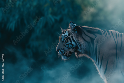 Obraz na płótnie Close-up portrait of tiger in misty jungle environment. w salonie