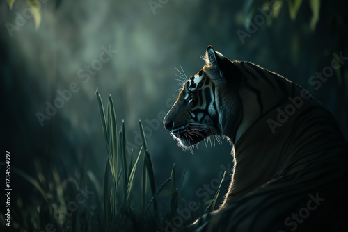 Obraz na płótnie Close-up portrait of tiger in misty jungle environment. w salonie