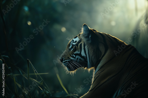 Obraz na płótnie Close-up portrait of tiger in misty jungle environment. w salonie