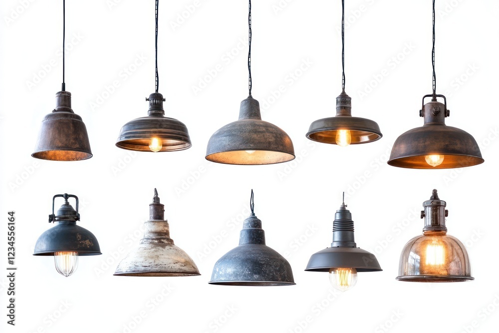 Obraz premium Vintage industrial pendant lights, hanging, white background, interior design