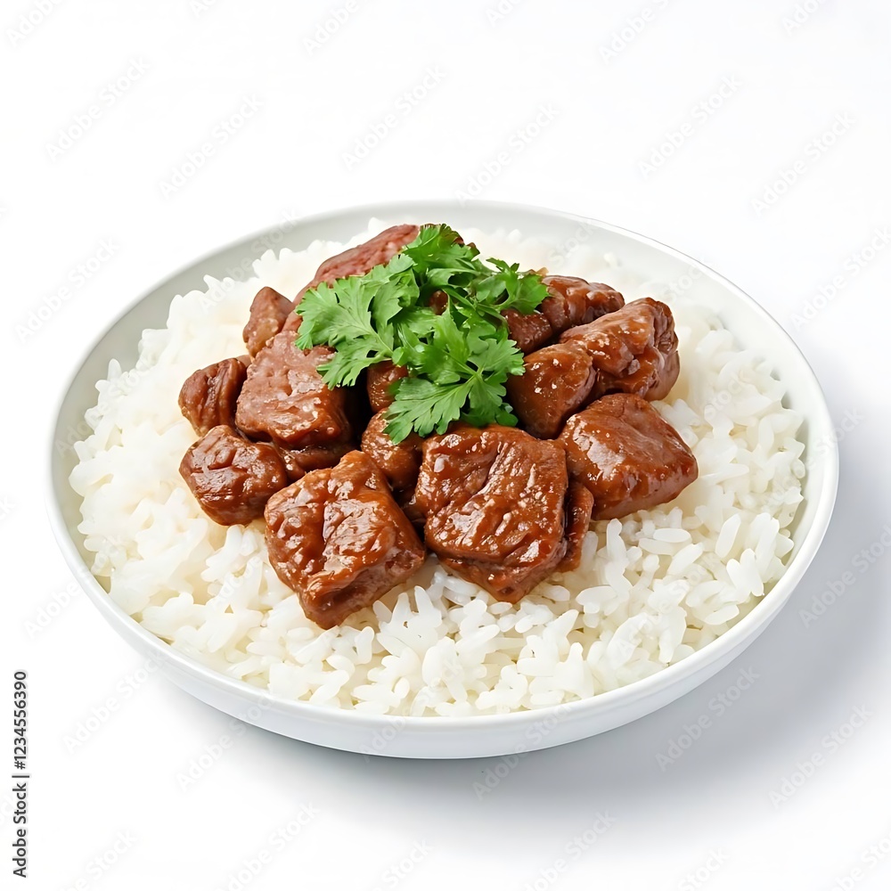 White rice with fresh spicy meat image of food white background. White rice with fresh spicy meat image of food white background.