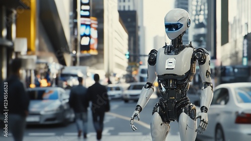 Wallpaper Mural A futuristic white robot walking in a city center, with blurred people and cars in the background Torontodigital.ca