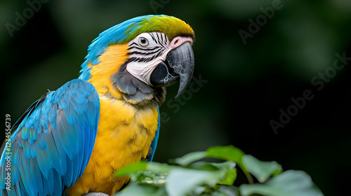 Blue-gold macaw perched on branch, lush green background; wildlife photography