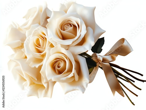 a bouquet of champagnecolored roses with a satin bow, sophisticated floral gift, highdetail digital painting, soft gold, isolated on white background photo