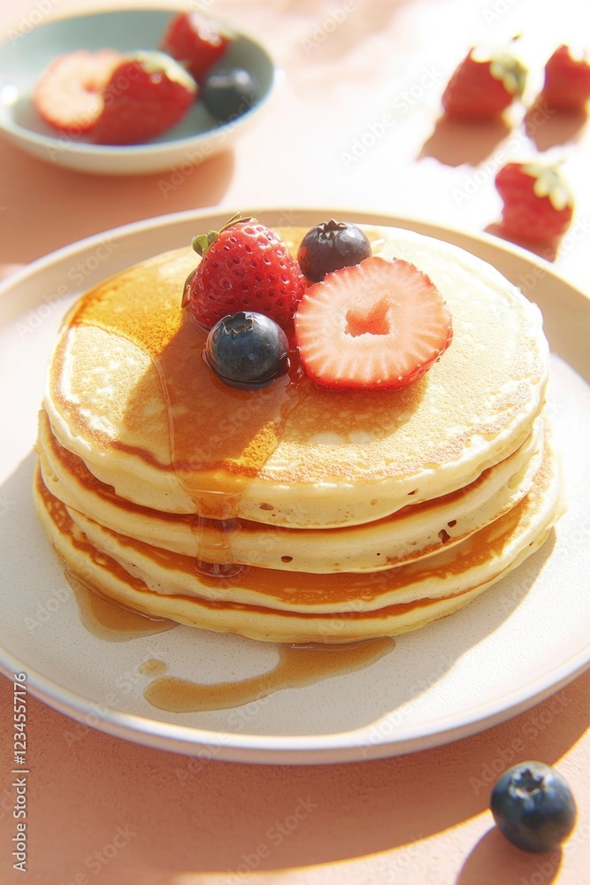 Delicious Pancakes Topped With Strawberries And Blueberries Delicious Pancakes Topped With Strawberries And Blueberries