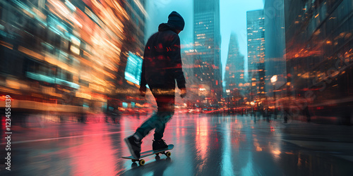  Skateboarder in futuristic city at night with motion blur