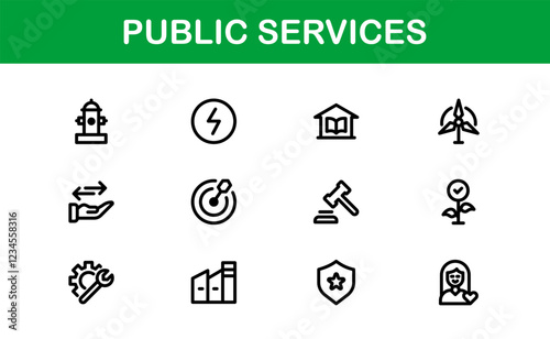 Public Services Icons. Scalable Outline Graphics for Civic, Infrastructure, and Community Service Applications