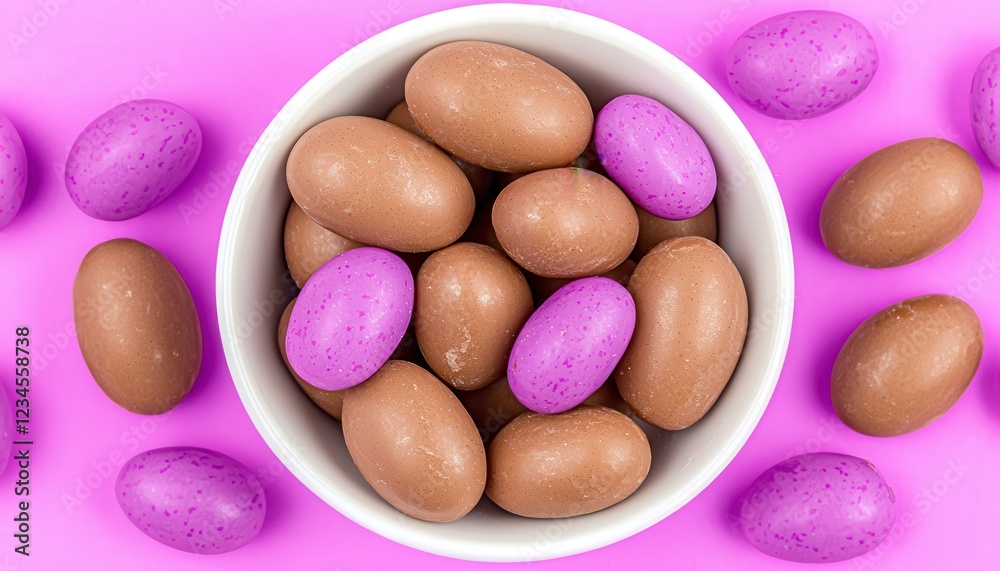 Obraz premium Colorful Chocolate Eggs in Bowl on Bright Pink Background