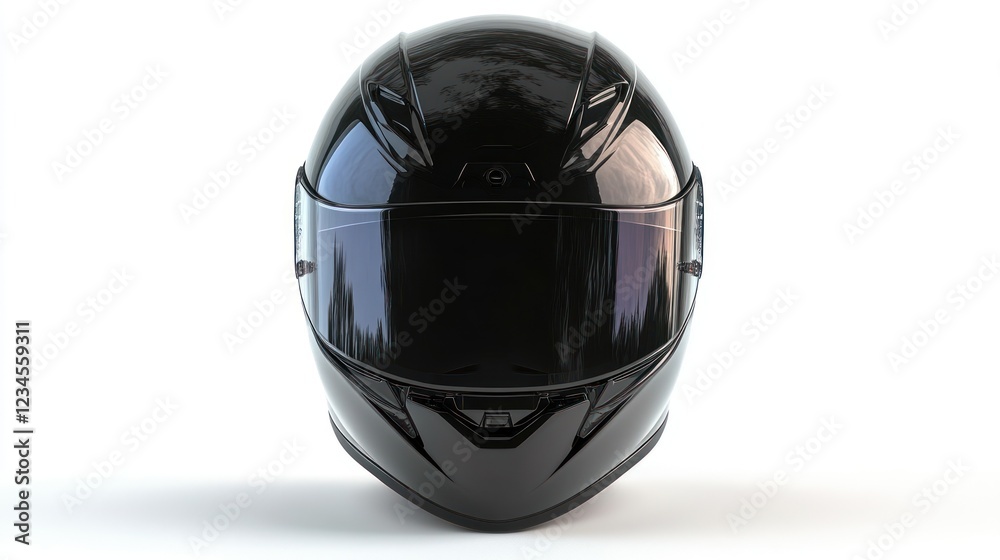 Black motorcycle helmet, front view, white background, sunset reflection Black motorcycle helmet, front view, white background, sunset reflection