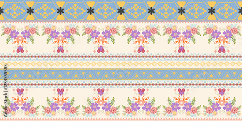 Template colorful horizontal motif folk tribal symbol pattern greeting card, valentine flower heart love item decoration.